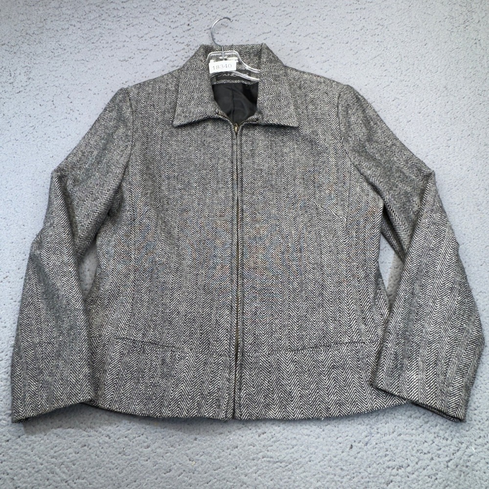 Sandro Jacket Womens 12 Gray‎ Black Herringbone Full Zip Wool Tweed Structured